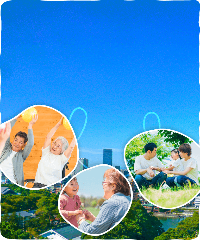 スマホ表示用メインビジュアルスライド2 名古屋の街と多様な人々のイラスト